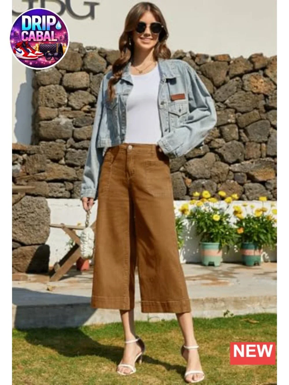 Women's Wide Leg Capri Pants Stretchy High Rise Chino Cropped